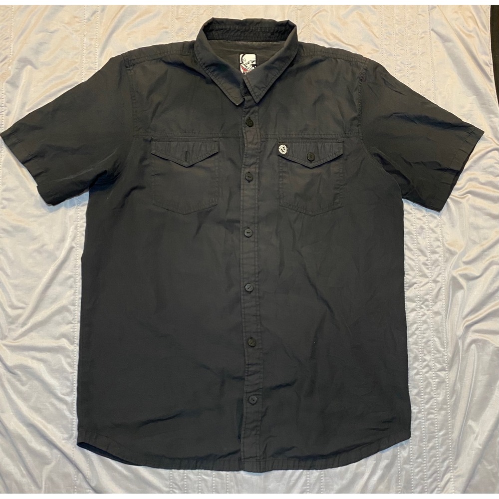 Metal Mulisha Mens Short‎ Sleeve Button Down Shirt Black Workwear Logo Sz L
